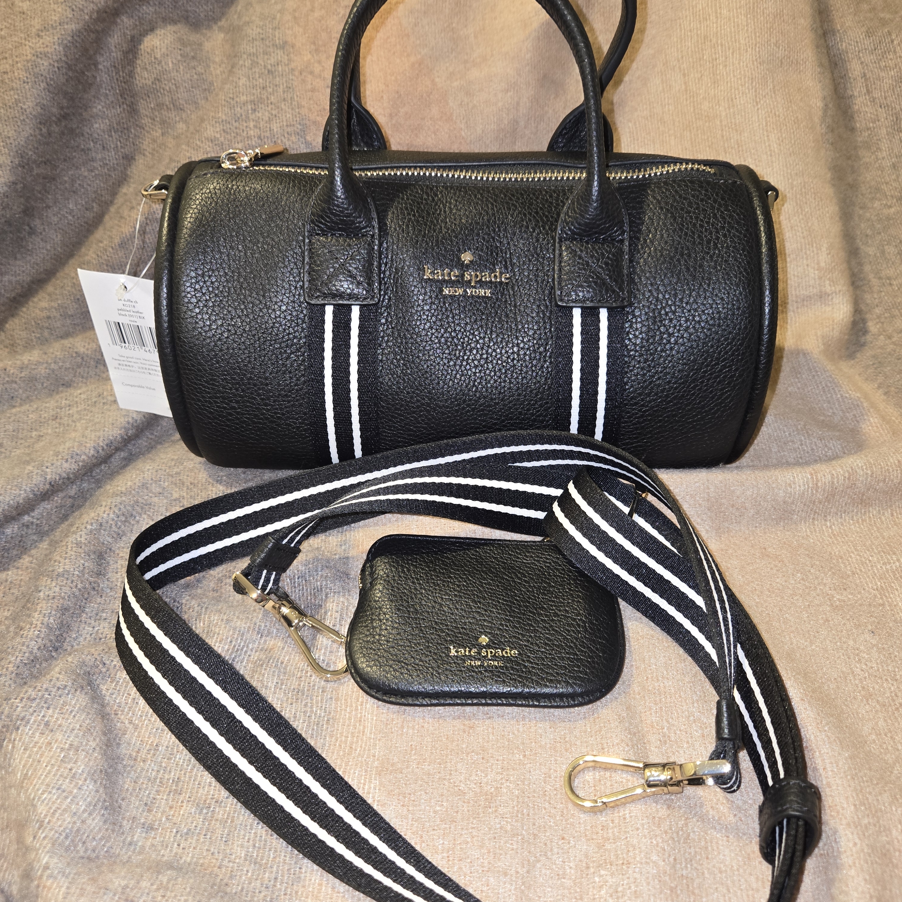 Kate Spade Black Leather Handbag With Striped Strap